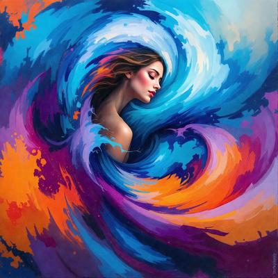 The primary subject of the image is a woman, who is the main focus of the scene. She is depicted in a painting or drawing, which gives the image a visual style of art. The setting or background features a colorful, swirling pattern, which adds to the overall atmosphere of the image. The colors and mood of the image are vibrant and lively, with a sense of movement and energy.